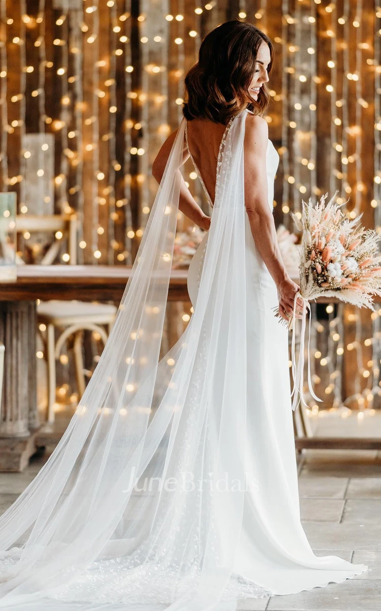 Simple Modest Mermaid Cape Wedding Dress Casual Modern Fairy Trumpet V-neck Sleeveless Floor-length with Deep-V Back Long Train Bridal Gown