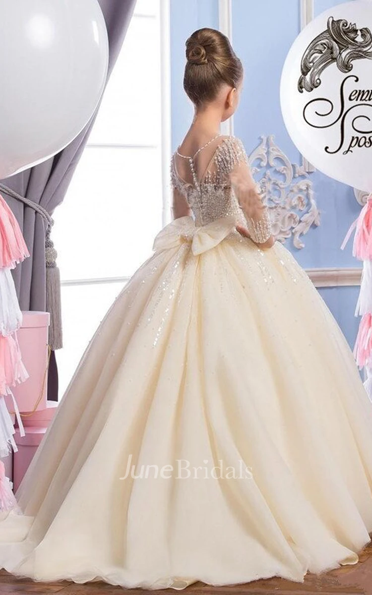 Tulle Scoop Long Sleeve Ball Gown Flower Girl Dress with Beading