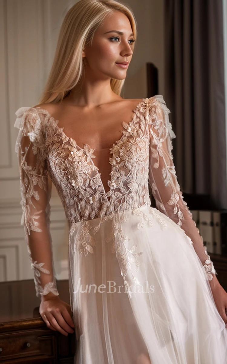 Princess Floral A-Line Bohemian Spring Long Sleeve Maxi Wedding Dress Elopement Sexy V-Neck Low Back Sweep Train Beach Castle Bridal Gown