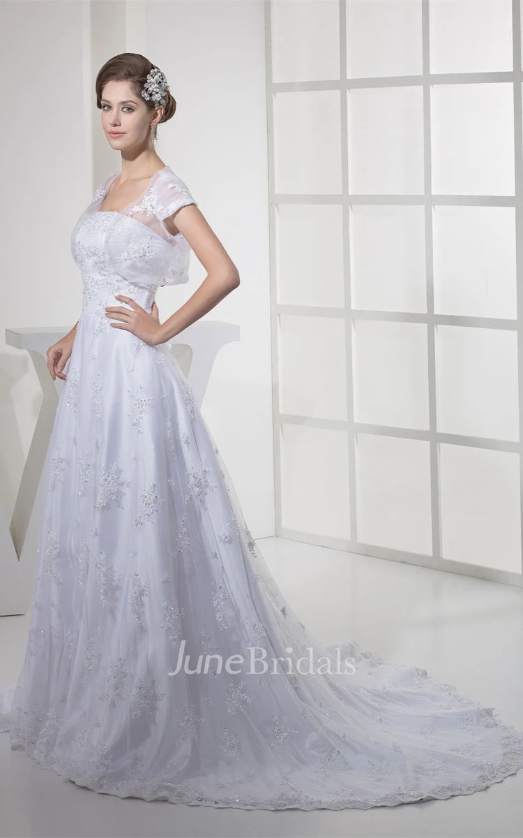 Strapless Tulle A-Line Gown with Appliques and Bolero