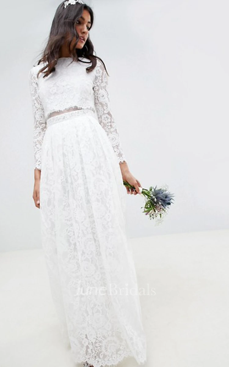 Simple Lace Two Piece Jewel-neck Long Sleeve Wedding Dress