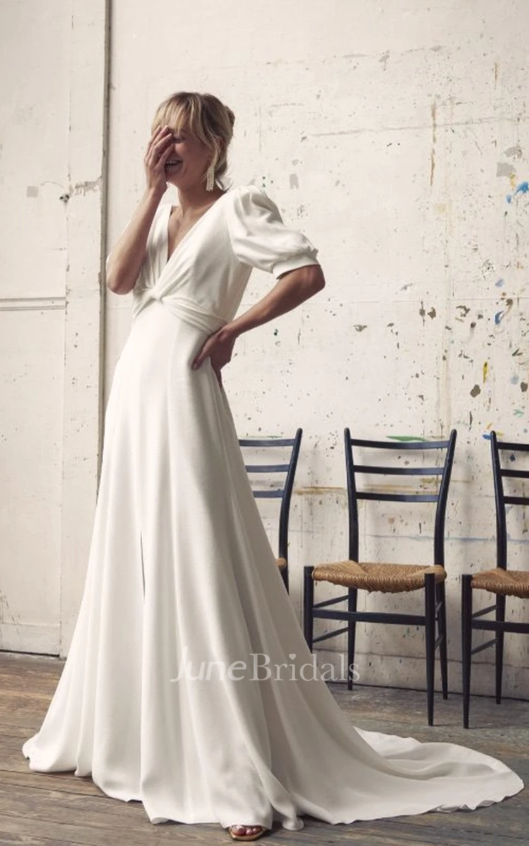 Simple Minimalist Short Sleeves A-Line Wedding Dress Modest Casual Open Back Floor Length Bridal Gown with Sweep Floor