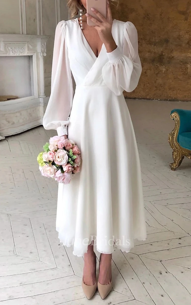Elegant Long Sleeve Casual Wedding Dress Simple Rustic A-Line V-neck Chiffon Bridal Dress with Tea Length