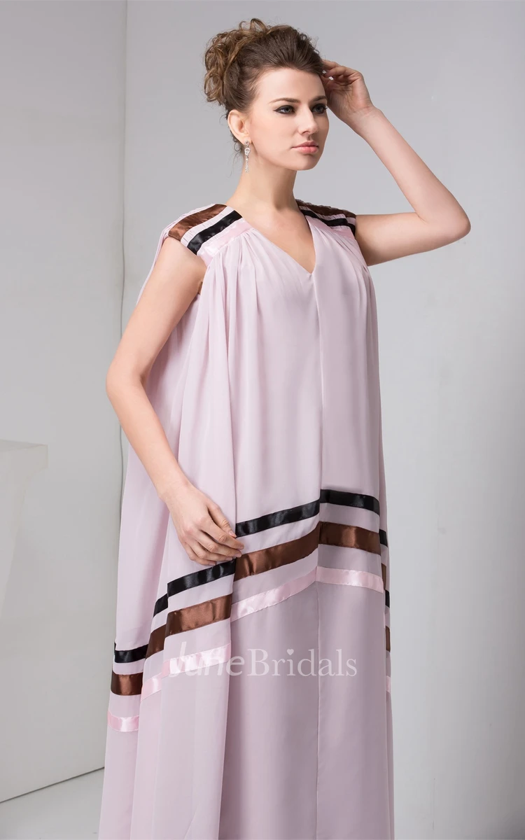Caped-Sleeve Plunged Floor-Length Dress with Pleats