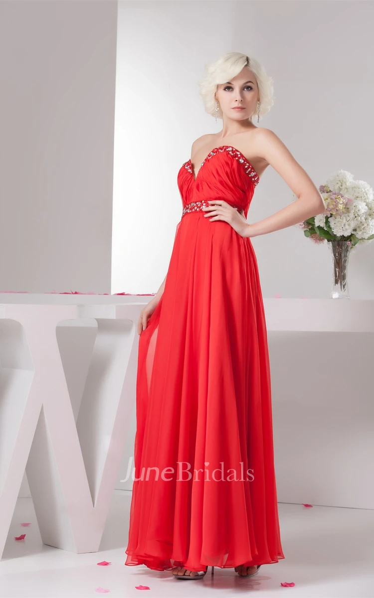 Chiffon Plunged Maxi Gown with Beading and Pleats