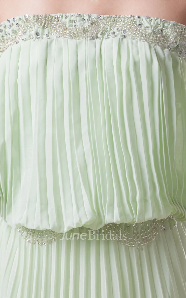 strapless a-line long pleated dress with sweep train and beading