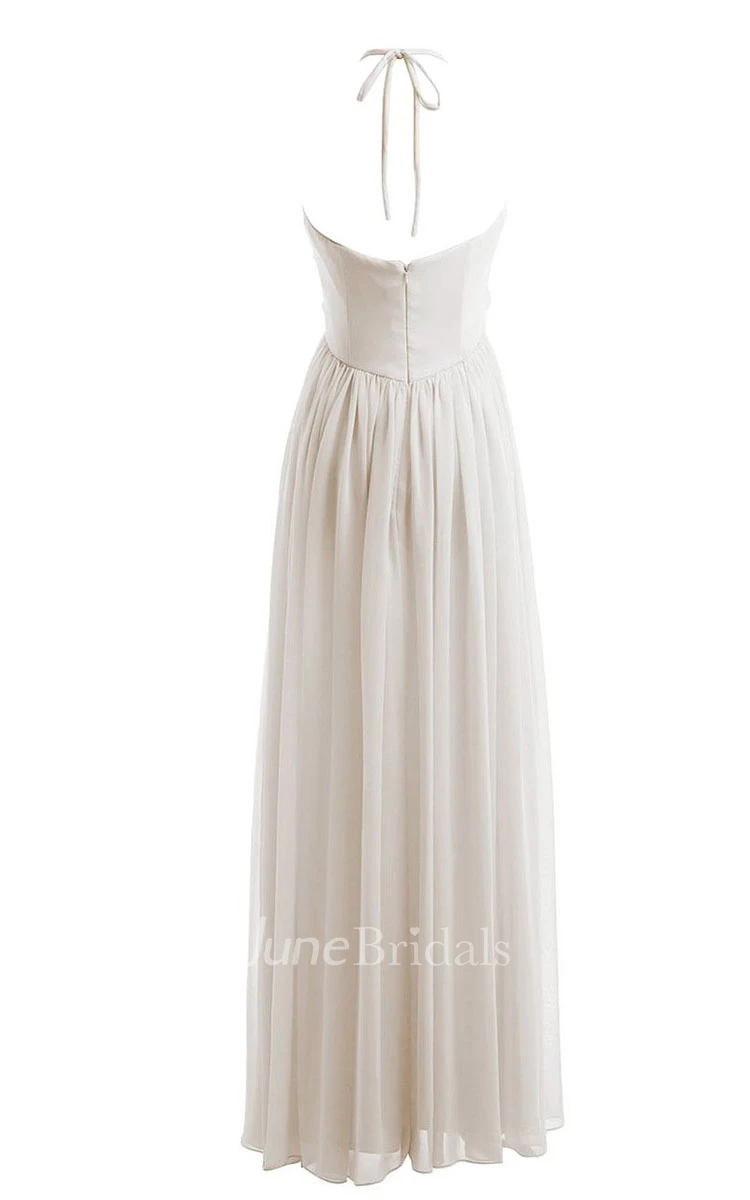 Halter Ruched Chiffon A-line Gown With Zipper Back