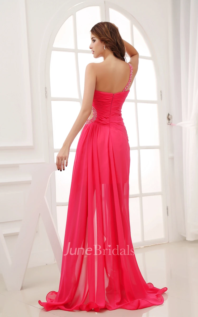 One-Shoulder Chiffon High-Low Dress With Ruching and Keyhole