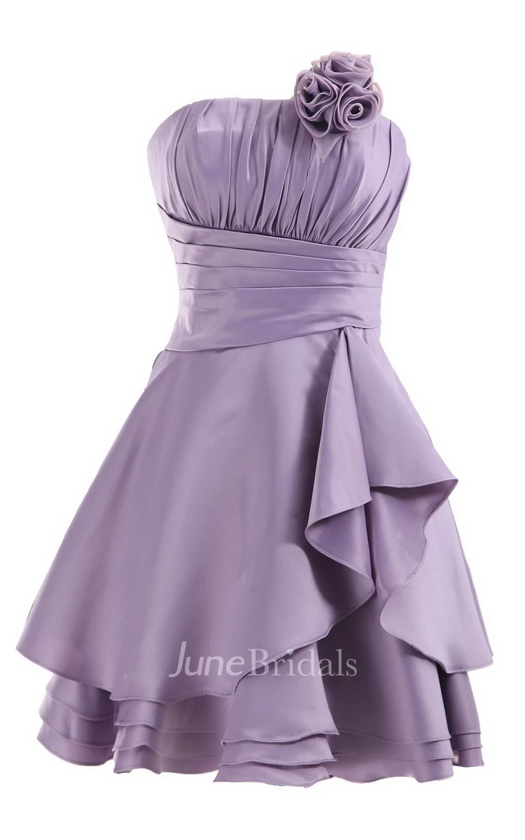 Strapless Pleat Layered Dress With Flower