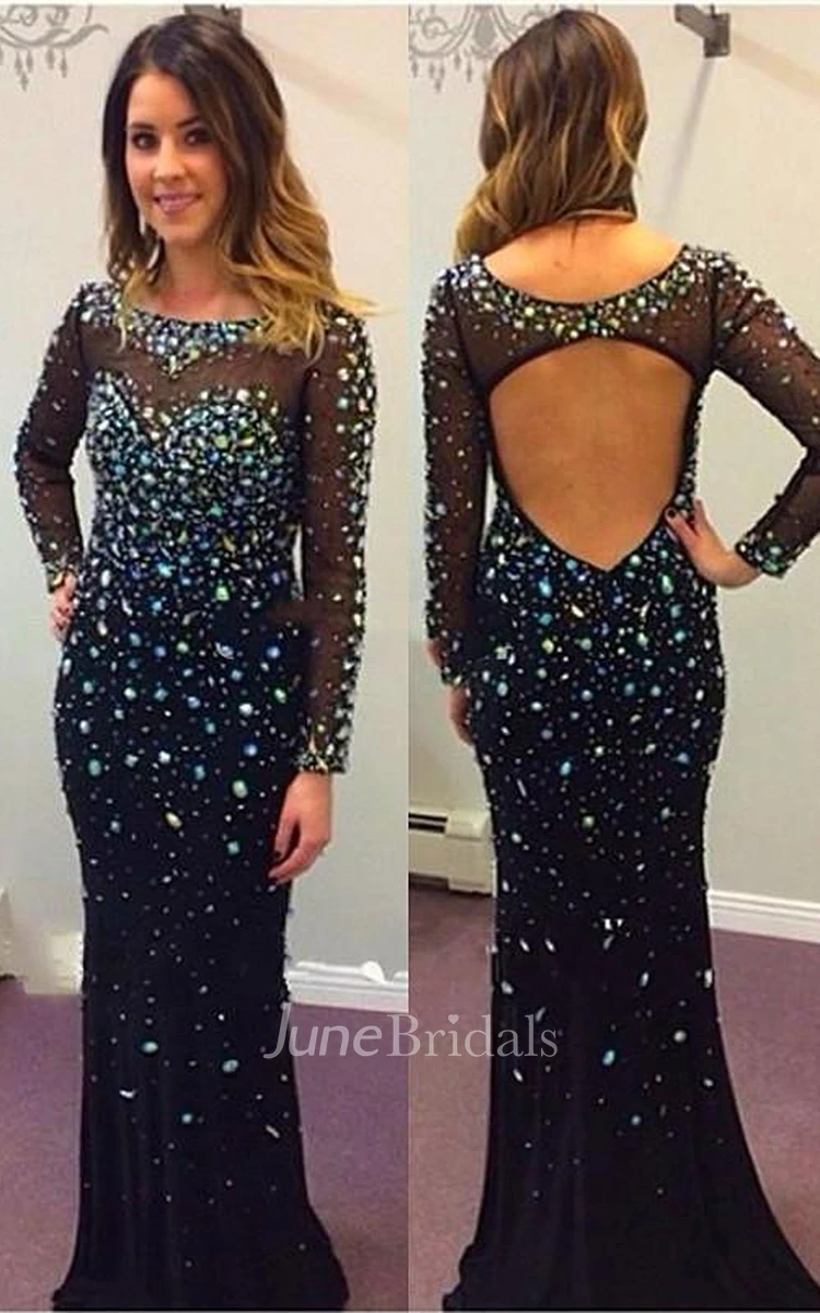 Sexy Black Long Sleeve Prom Dresses Crystals Long