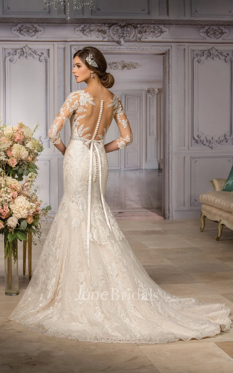 3-4 Sleeved V-Neck Mermaid Spring Wedding Dress With Appliques And Bow
