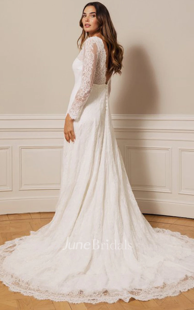 Modest Lace V-neck A Line Floor-length Court Train Deep-V Back Wedding Dress