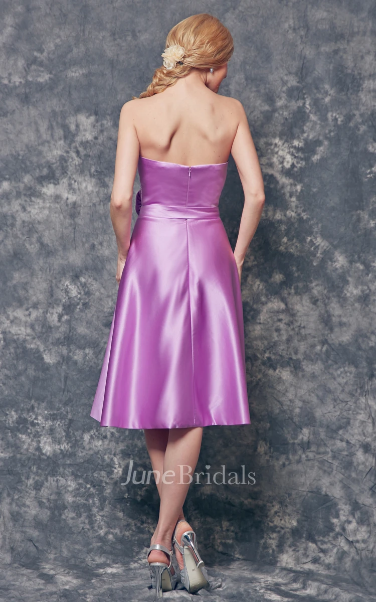 Sweetheart Floral Ruched Knee Length A-line Satin Dress