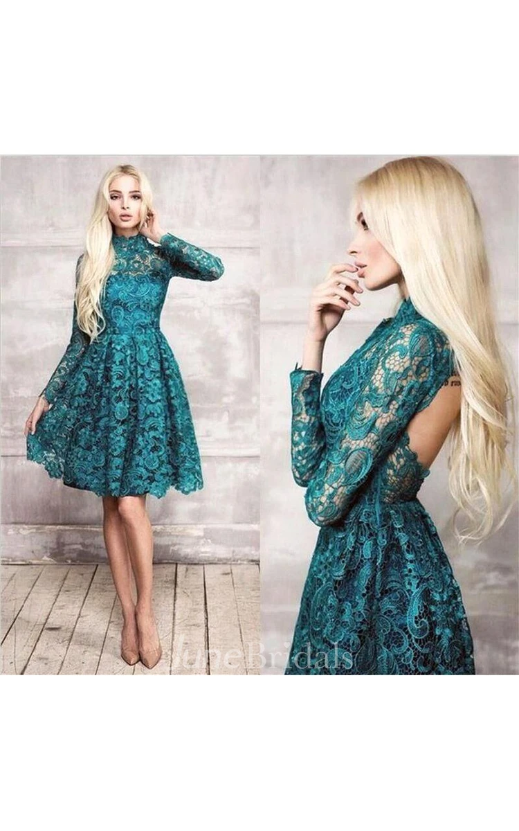 Mint Green Knee Length Dress with Lace Sleeves