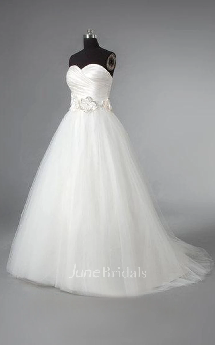 Satin and Tulle Ball Gown With Crisscross Ruching and Flowers