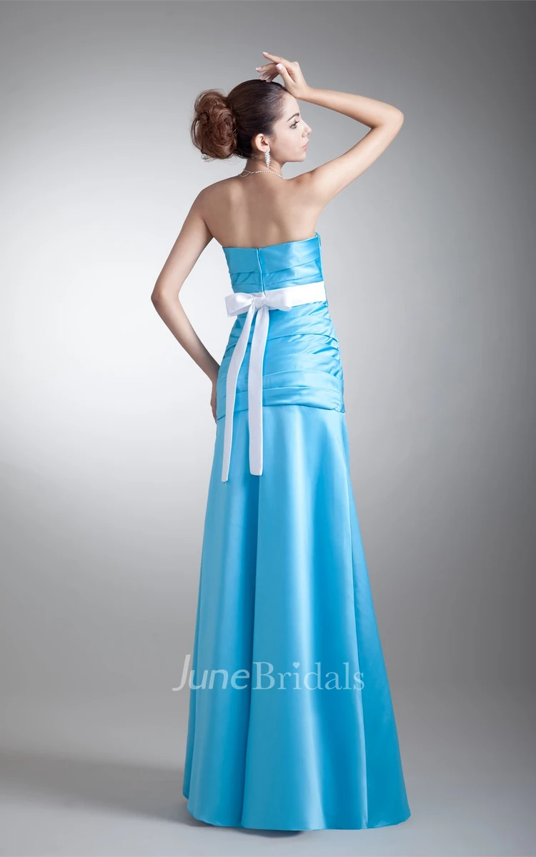 strapless a-line satin dress with flower and criss-cross ruching
