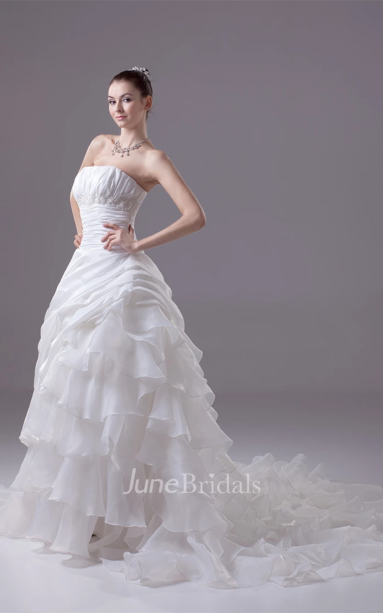 Strapless A-Line Ruched Gown with Cascading Ruffles and Cinched Waistband