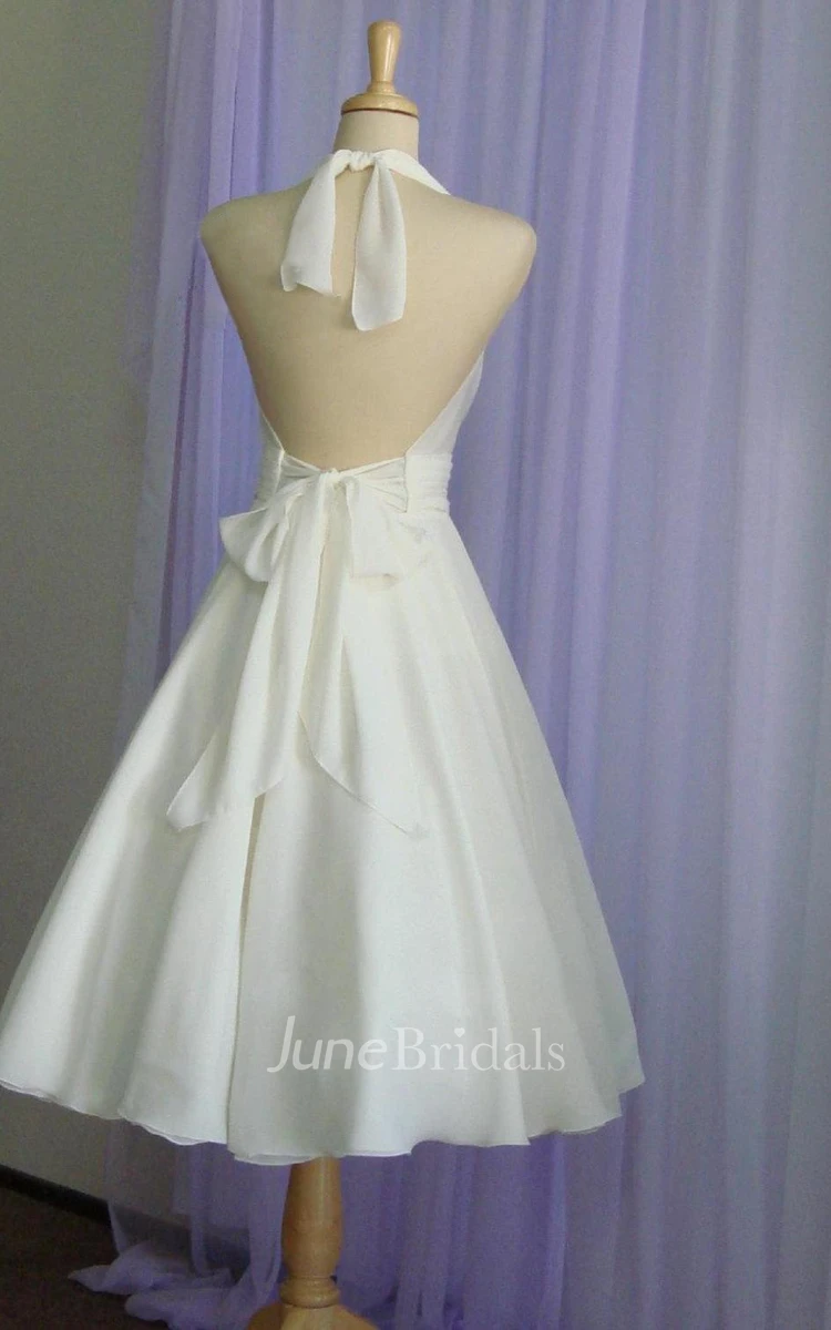 Vintage Tea-Length Chiffon Wedding Dress With Halter Neck and Bow