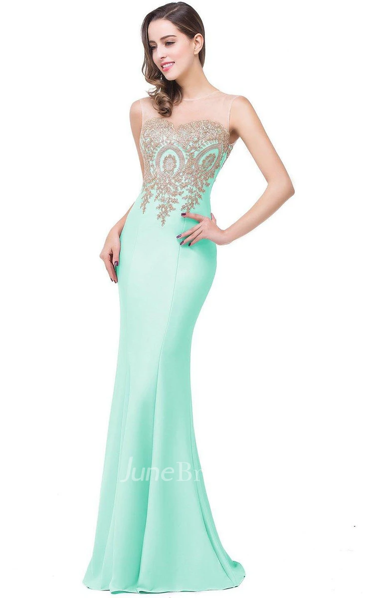 Mermaid Sleeveless Mermaid Satin Lace Appliqued Dress