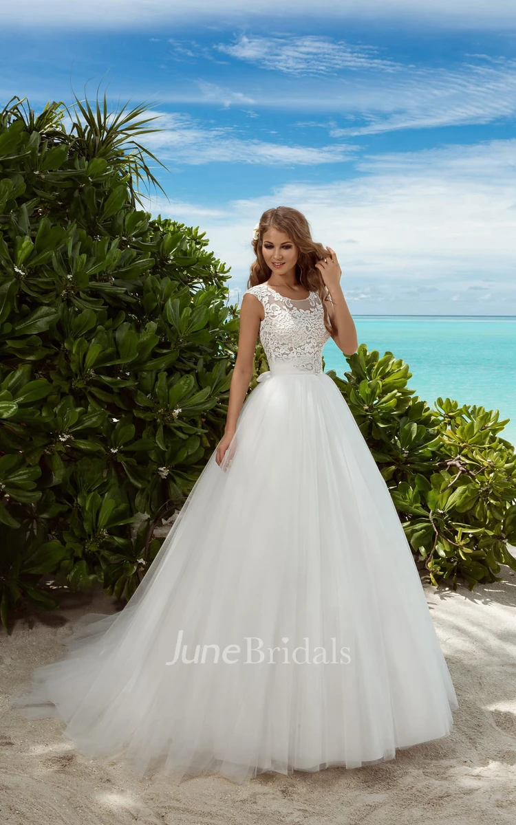 A-Line Floor-Length Scoop-Neck Sleeveless Illusion Tulle Dress With Beading  And Lace - June Bridals