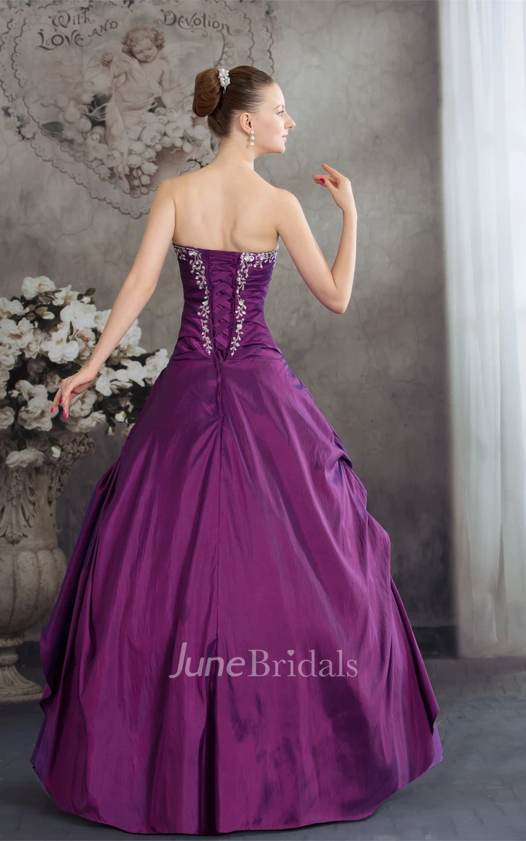 Sweetheart Satin Pick-Up Appliqued Gown with Stress and Embroideries
