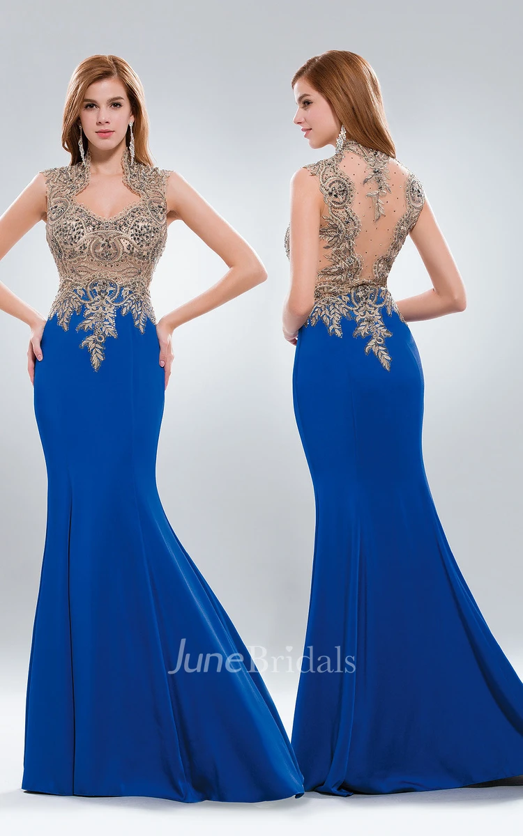 Trumpet Queen Anne Sleeveless Jersey Illusion Dress With Appliques