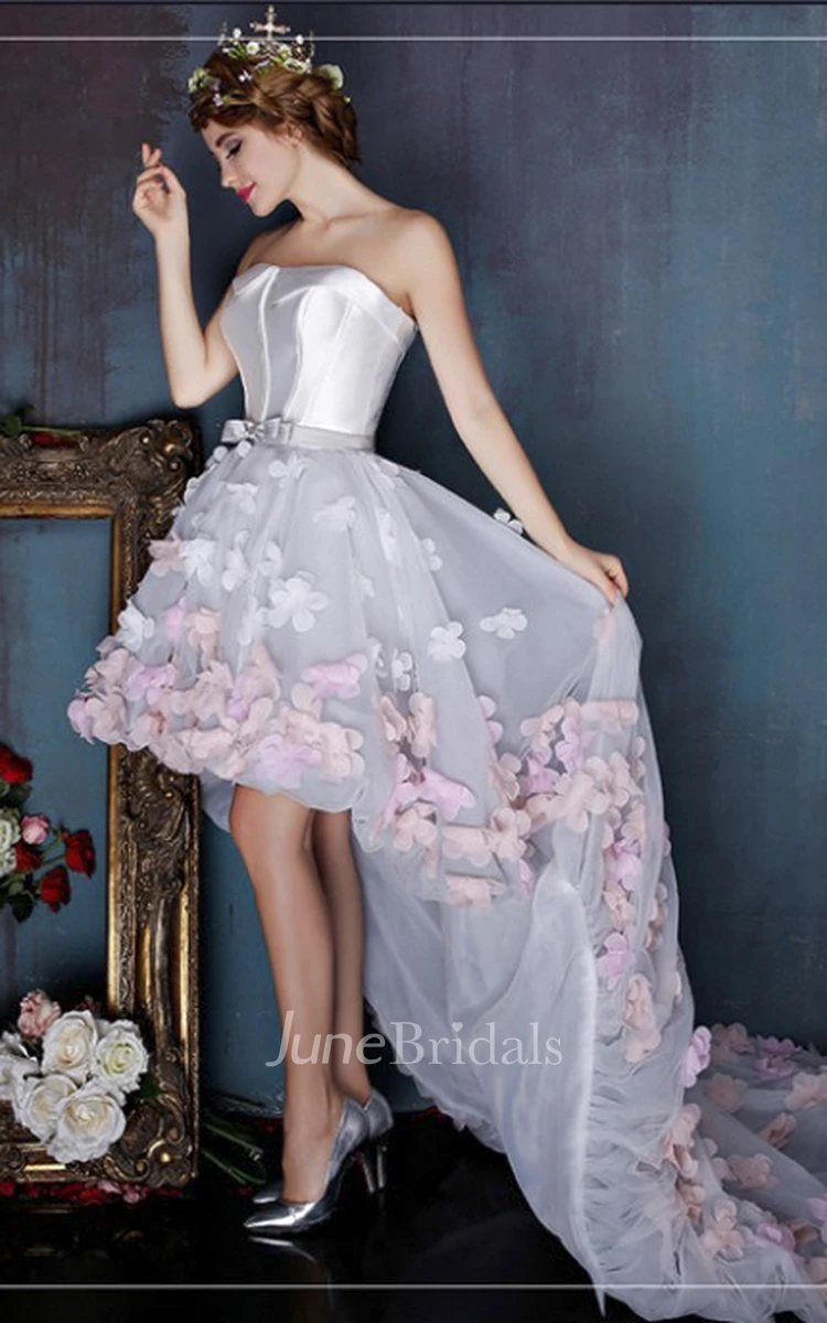 Sleeveless Cute Open Back High-low Dress With 3D Floral Appliques And Delicate Bow