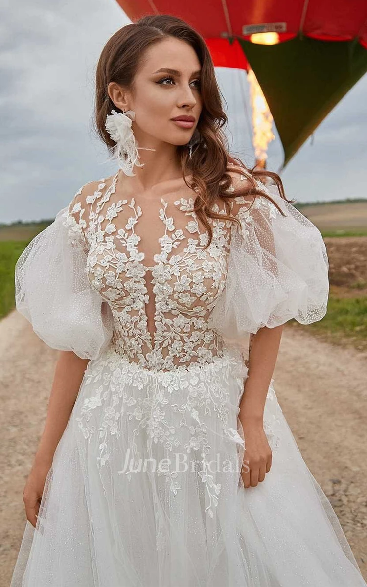 Bohemian A Line Tulle Court Train Wedding Dress with Appliques