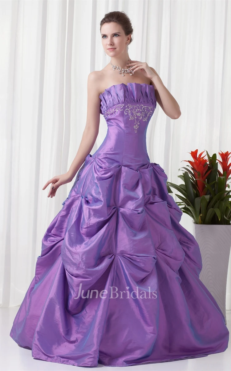 Strapless Pick-Up Ball Gown with Embroideries and Buckle