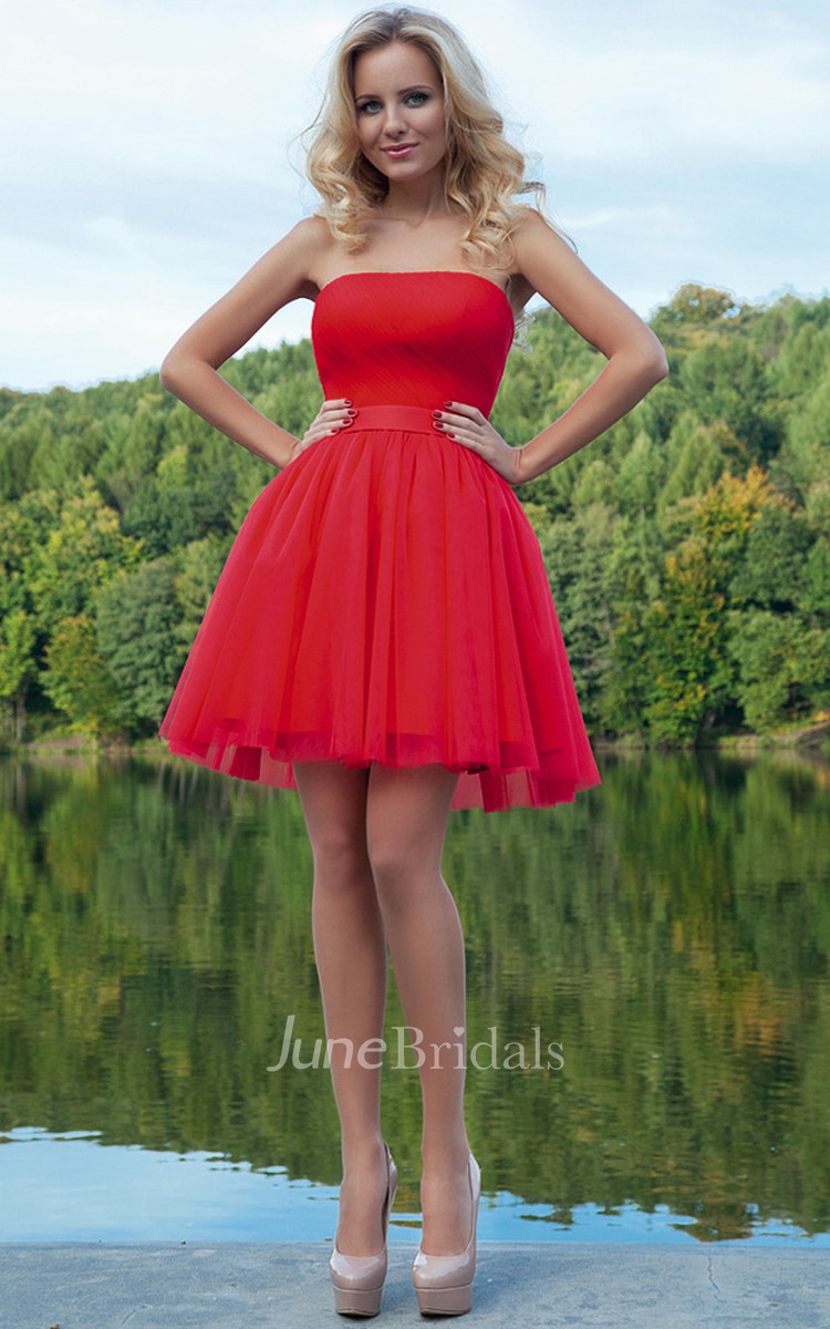 A Line Ruched Short Mini Strapless Sleeveless Tulle Prom Dress