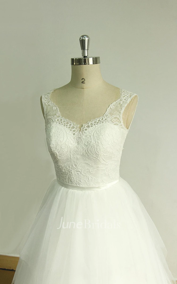 A-Line Tulle Lace Satin Weddig Dress With Ruffles