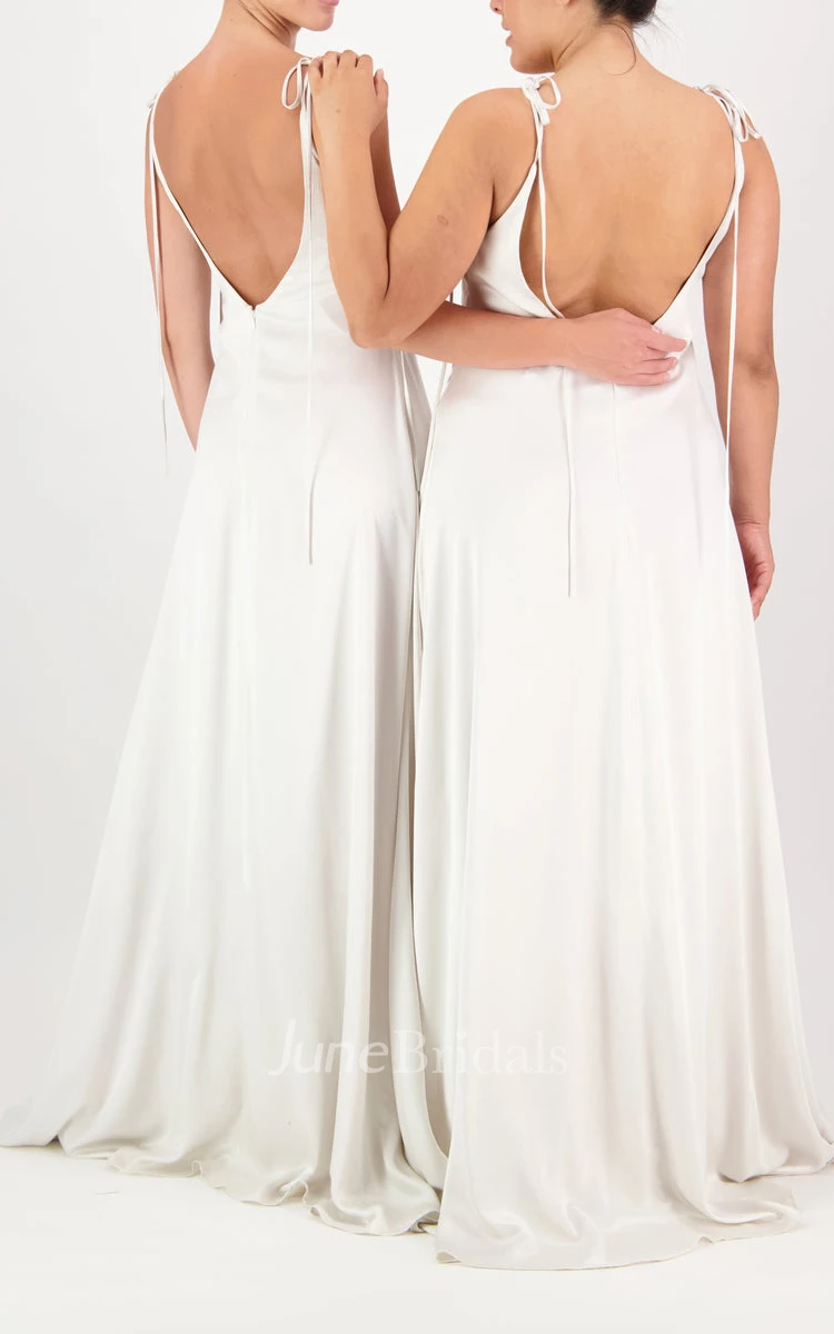 Simple A Line Plunging Neckline Charmeuse Bridesmaid Dress with Open Back and Ruching