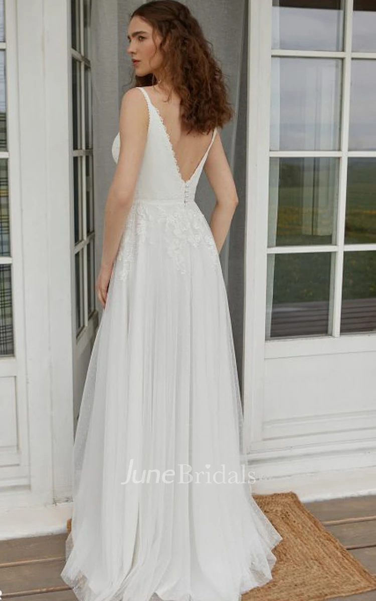 Modern Lace Sleeveless Brush Train A Line V-neck Wedding Dress with Appliques