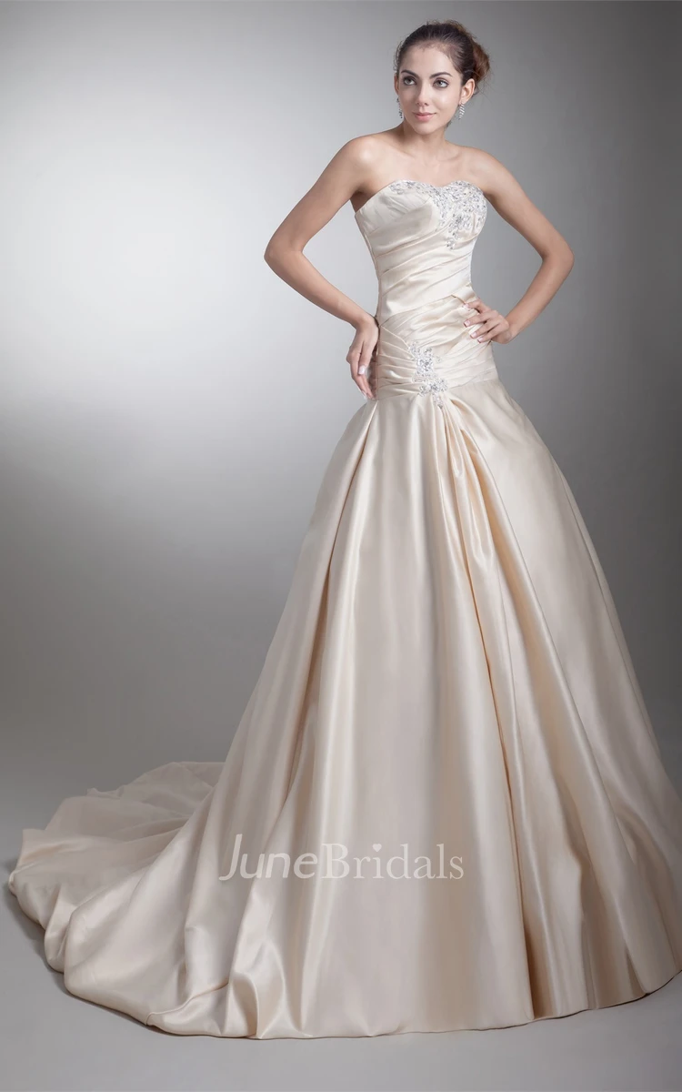 strapless ball jeweled gown with court train and ruched bodice