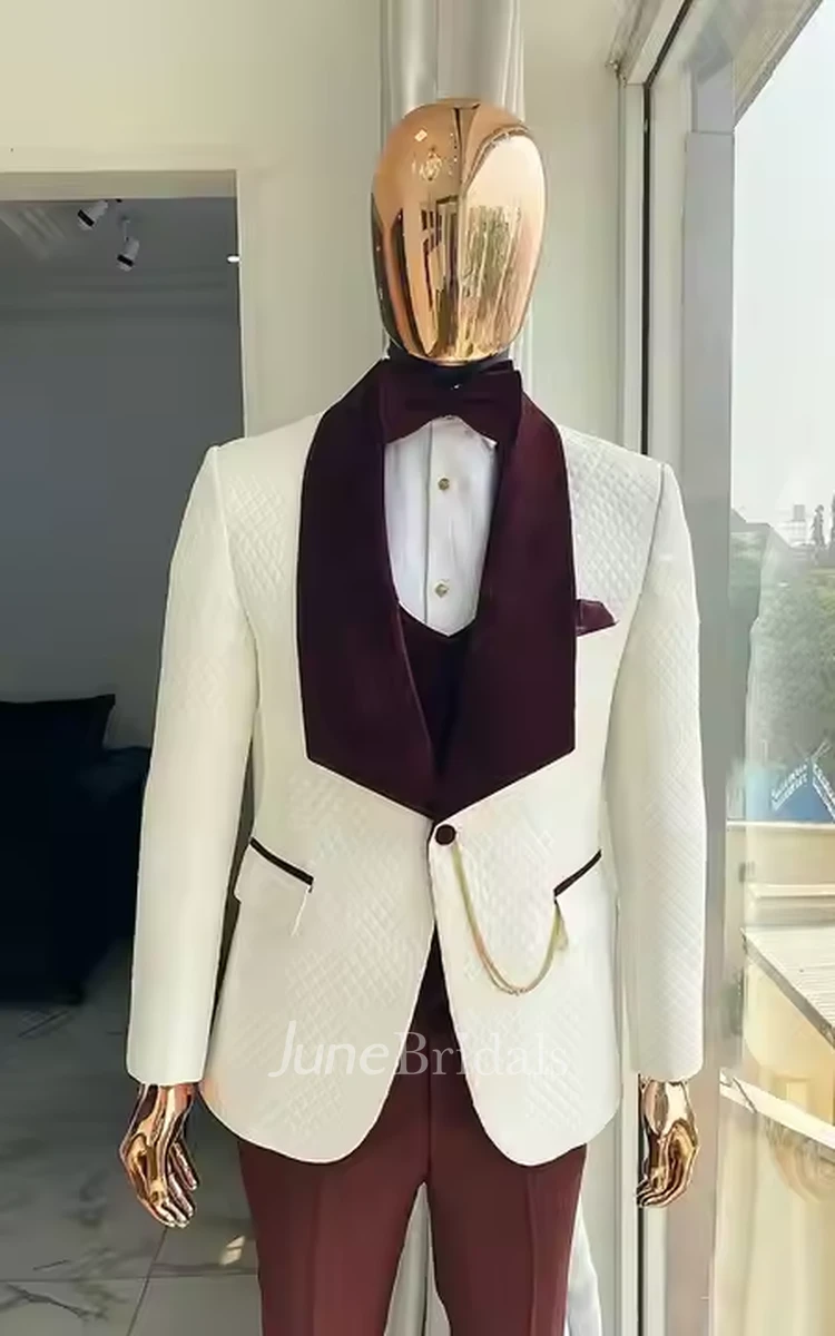 Modern Burgundy Ivory 3-Piece Suit Velvet Shawl Lapel Wedding Tuxedo Blazer Jacket Vest Pants