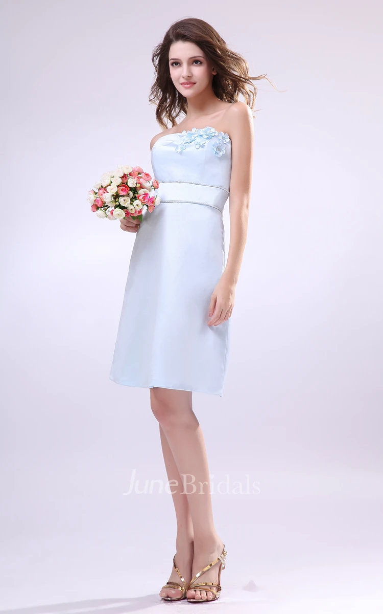 Strapless Dress Withwaistbanded Waist And Floral Embellishment