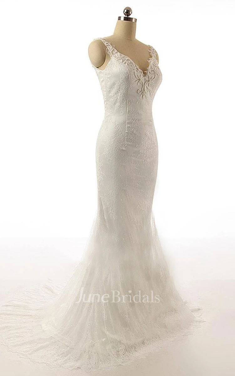 V-Neck And Low V-Back Lace Wedding Dress With Appliques