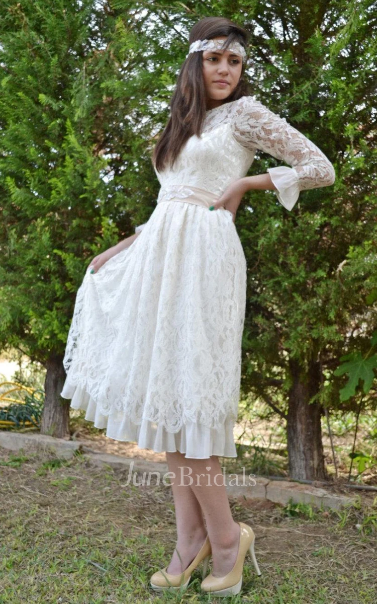 Bateau Illusion Sleeve Deep-V Back Lace Wedding Dress With Sash And Sequins