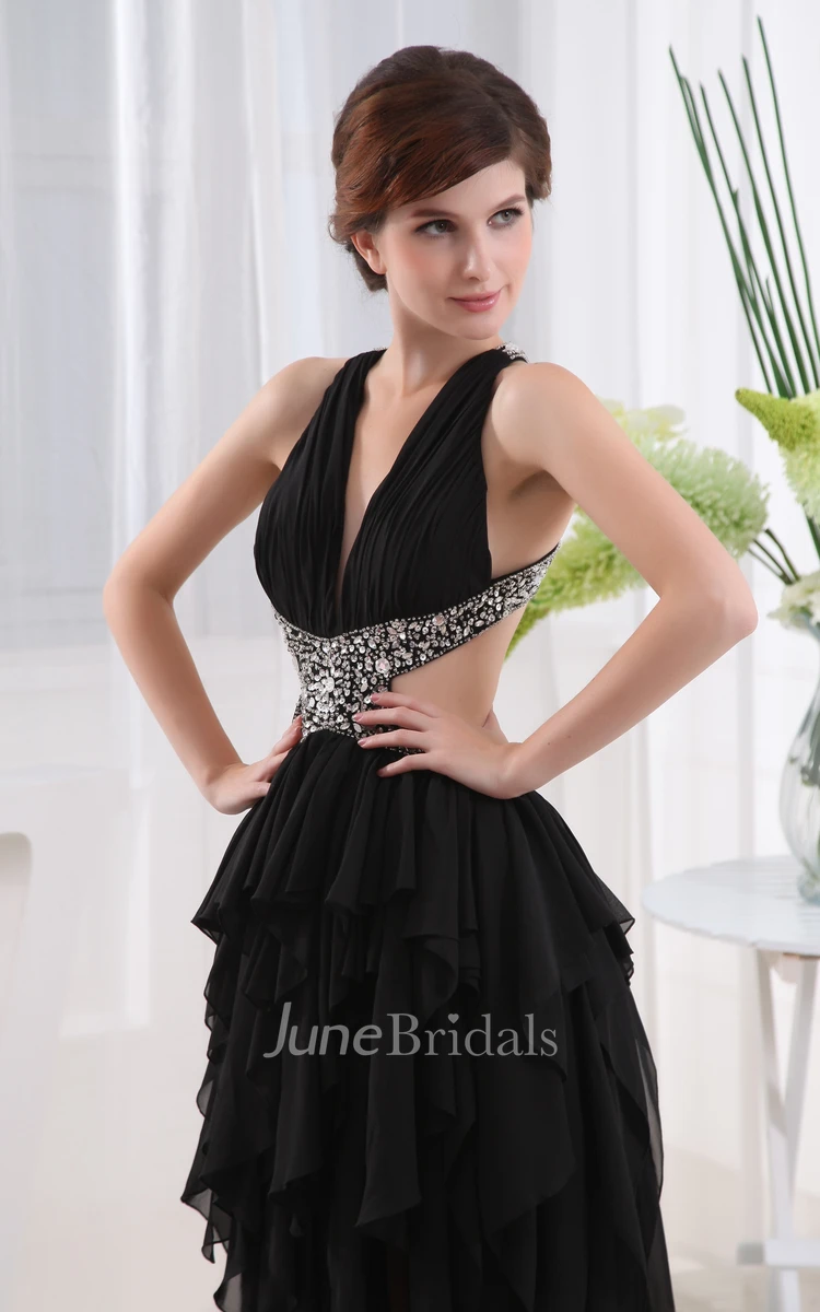 Plunged Sleeveless High-Low Dress With Beading and Cascading Ruffles