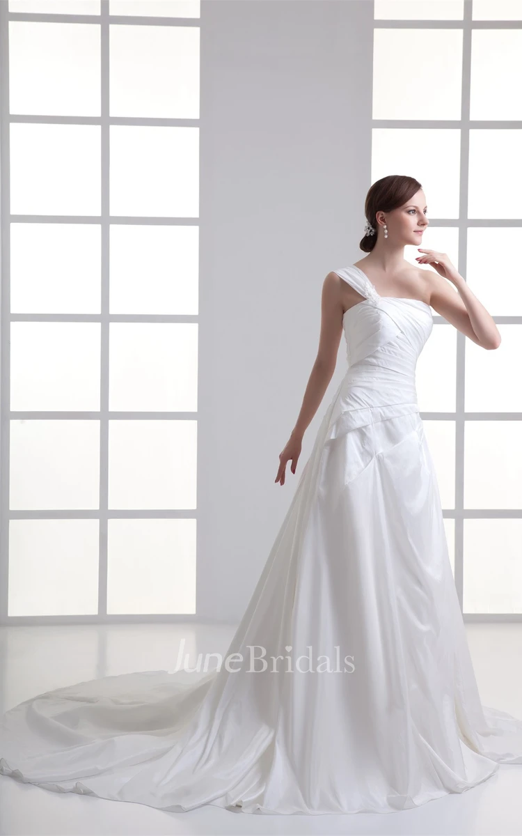 One-Shoulder Ruched A-Line Gown with Side Draping