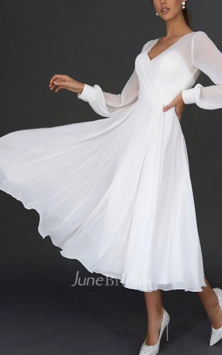 Vintage A-Line Poet Long Sleeve Tea Length Midi Dress for Wedding Simple Sexy Beach Elegant Romantic V-Neck Chiffon Bridal Gown