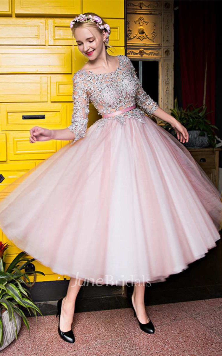 3-4 Lace Sleeve Scoop Neck Tea Length Tulle Dress - June Bridals