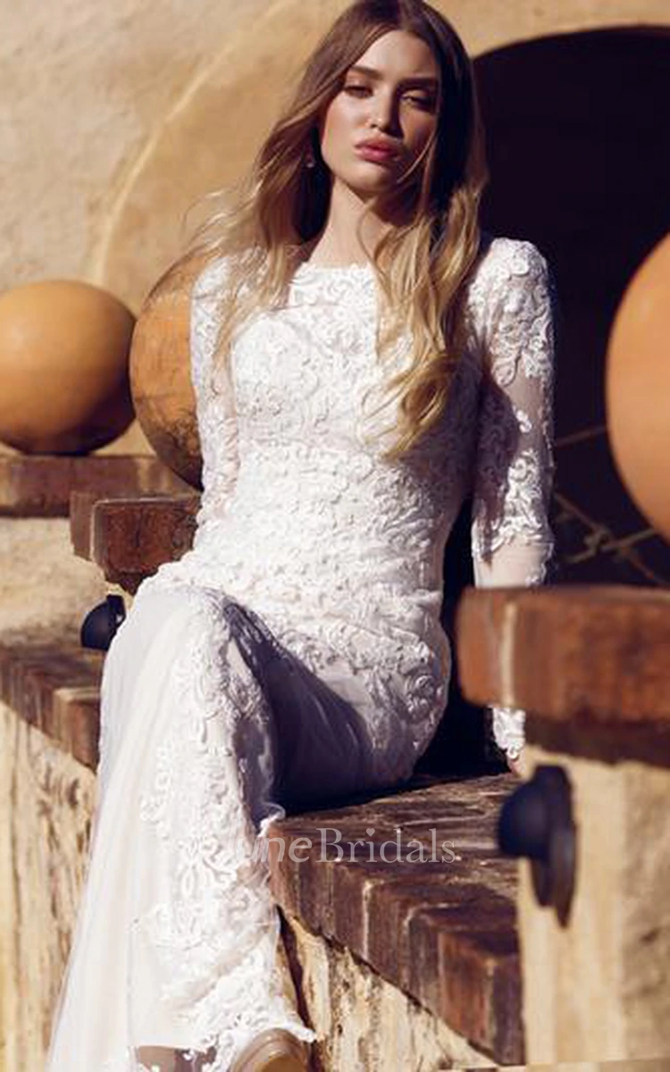 Sheath Long-Sleeve High Neck Tulle&Lace Wedding Dress With Sweep Train