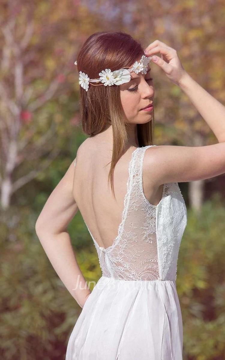 Bateau Sleeveless Split Front Lace Chiffon Backless Wedding Dress
