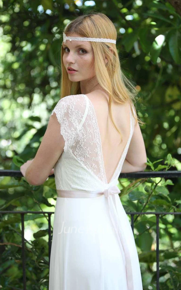 Casual Lace Cap-Sleeve Chiffon Sheath Long Wedding Dress With Deep-V Back