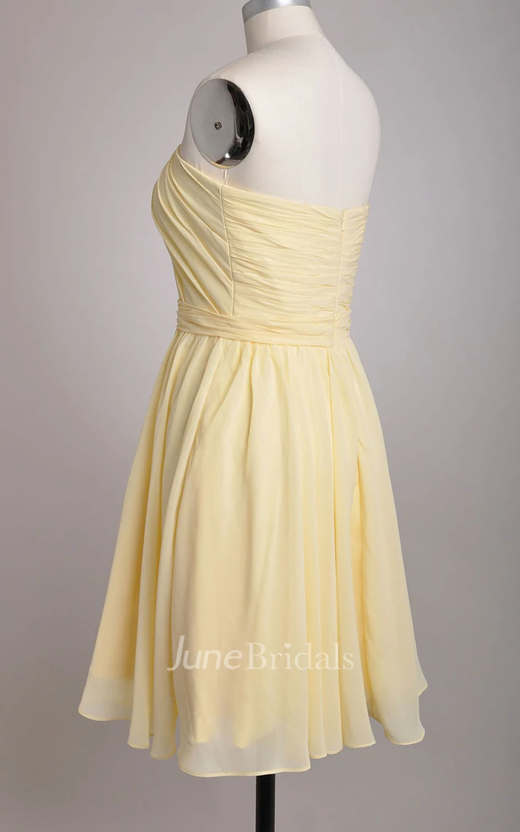 Strapless A-line Chiffon Knee-length Dress With Vertical Pleats