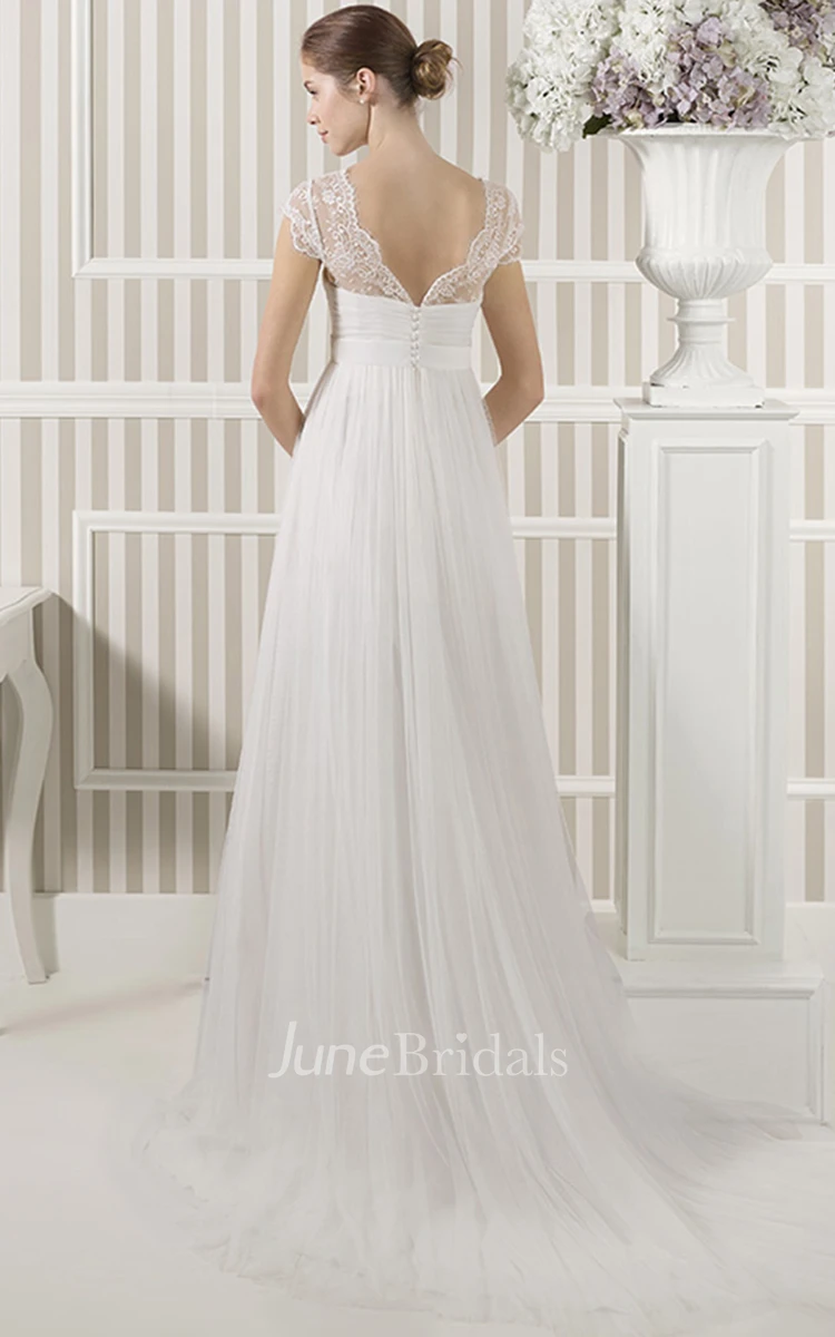 V-Neck Cap Sleeve Appliqued Empire Tulle Wedding Dress