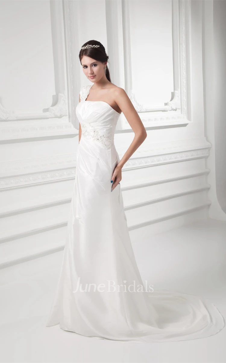 one-shoulder maxi mermaid gown with corset back and appliques