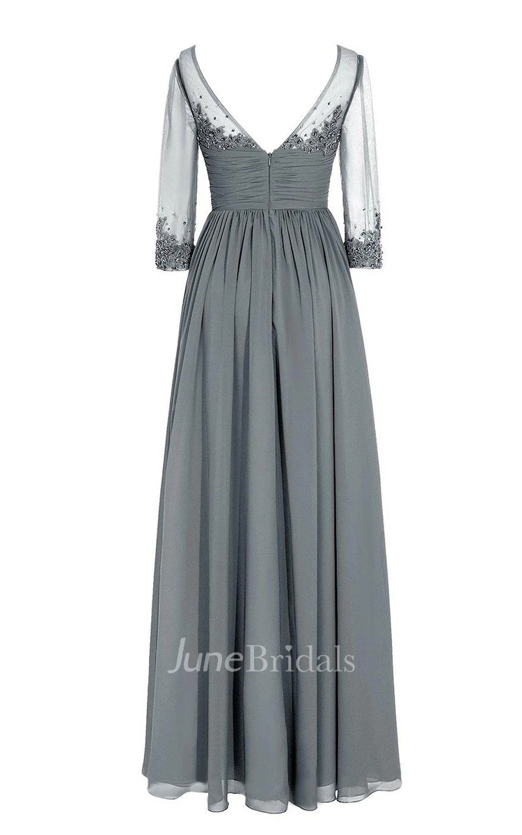 3 4 Sleeved V-neck Chiffon Gown With Illusion Sleeves