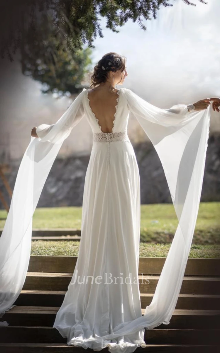 A-Line Bateau Chiffon Romantic Wedding Dress With Open Back And Poet Sleeves